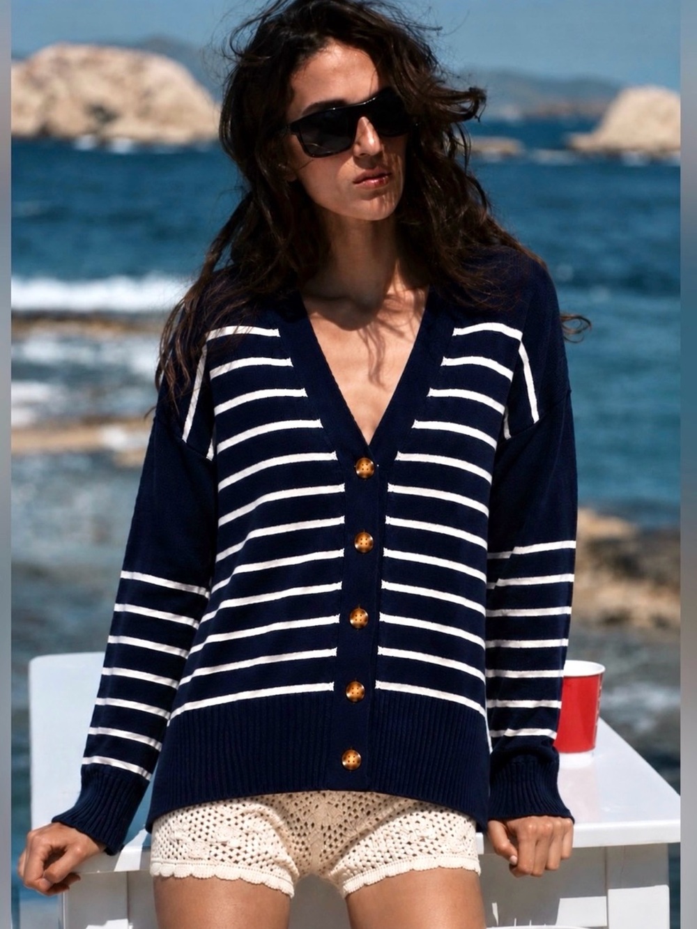 NWOT La Ligne Classic Navy and White Striped V-Neck Cardigan Size Small